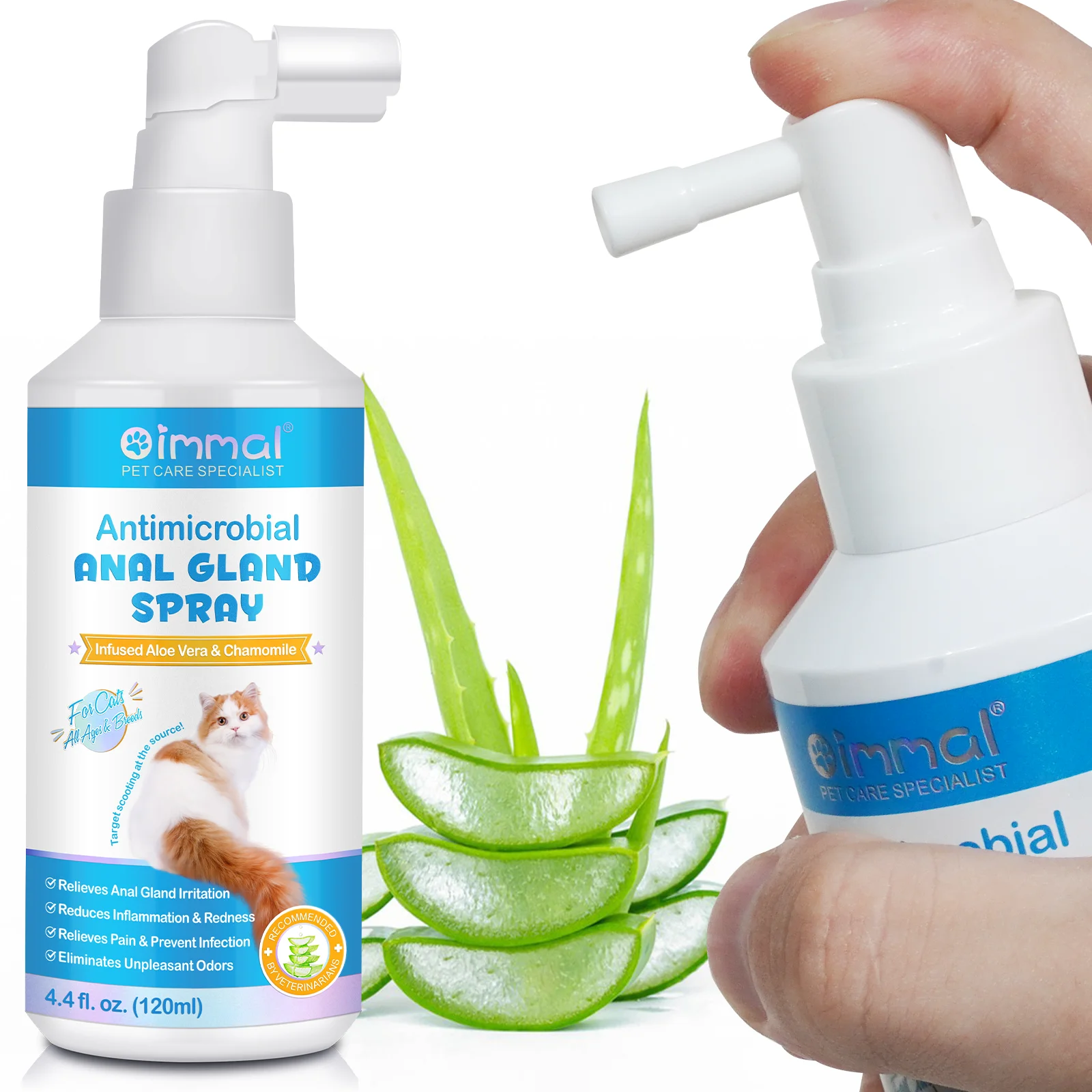 OIMMAI reduces inflammation redness eliminates unpleasant odors 120ml aloe vera chamomile antimicrobial cat anal gland spray
