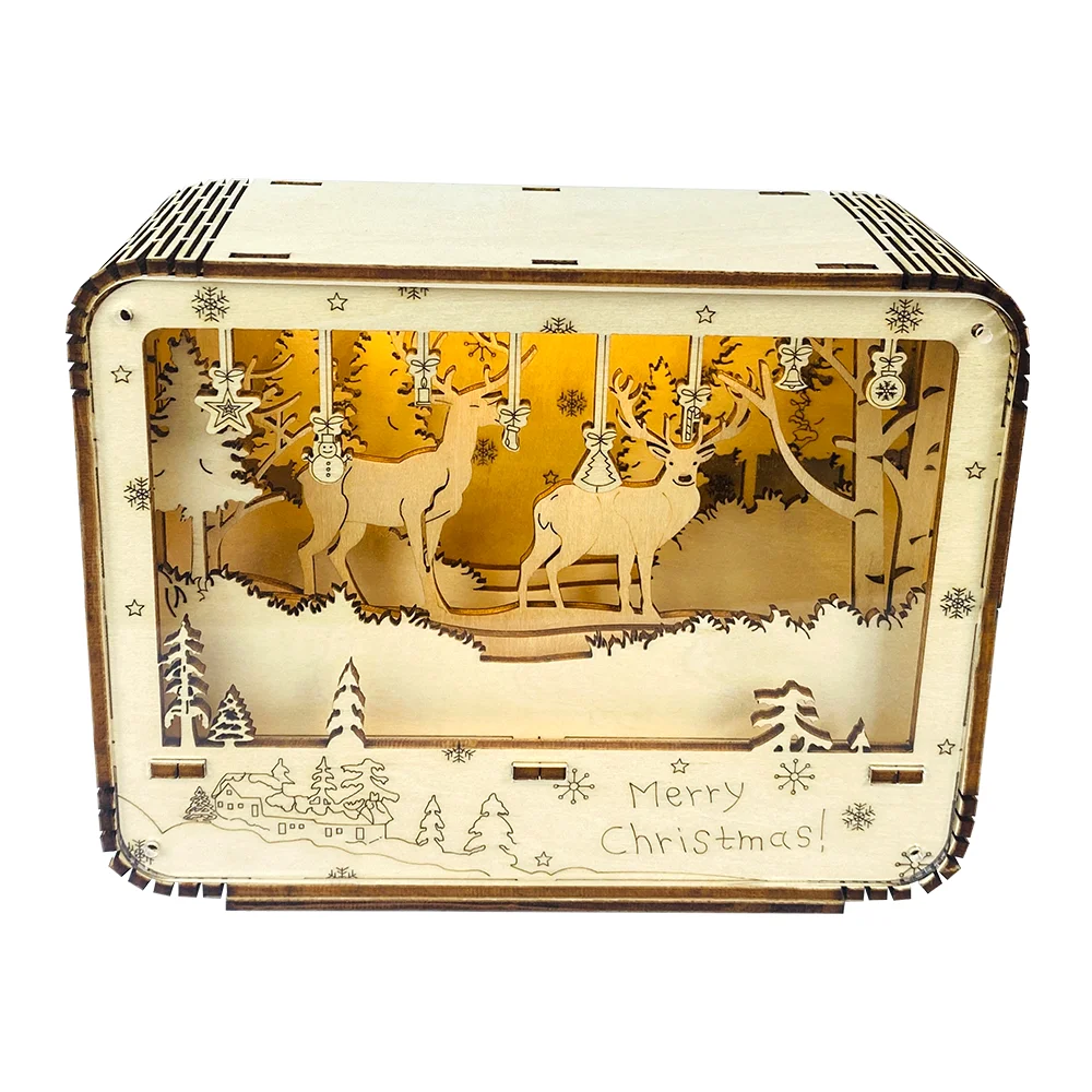 Creative Design Glow Toys Christmas Decorations Deer Rudolph DIY Luminous Box Kids Assembled Kits Wooden 3D Puzzles Gift