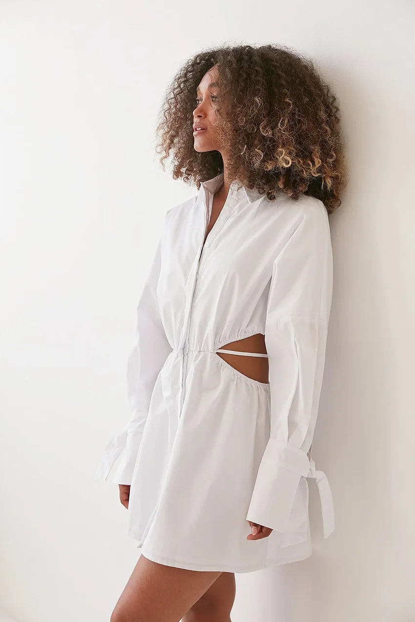 Летние повседневные белые пятнистые женские платья-рубашки с длинным рукавом и кулиской