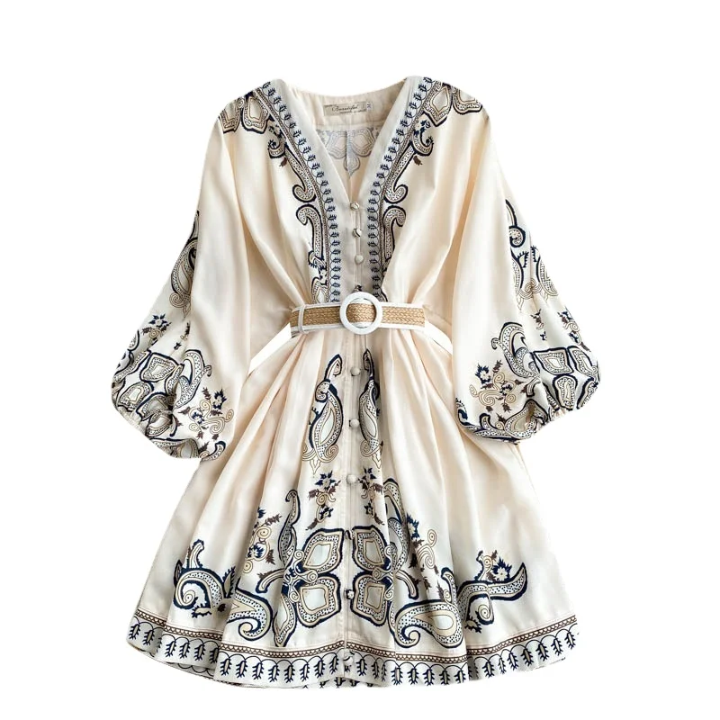 Wholesale New Women Design Long Sleeve Embroidery Print V Neck Crimping Short Casual Court Dress