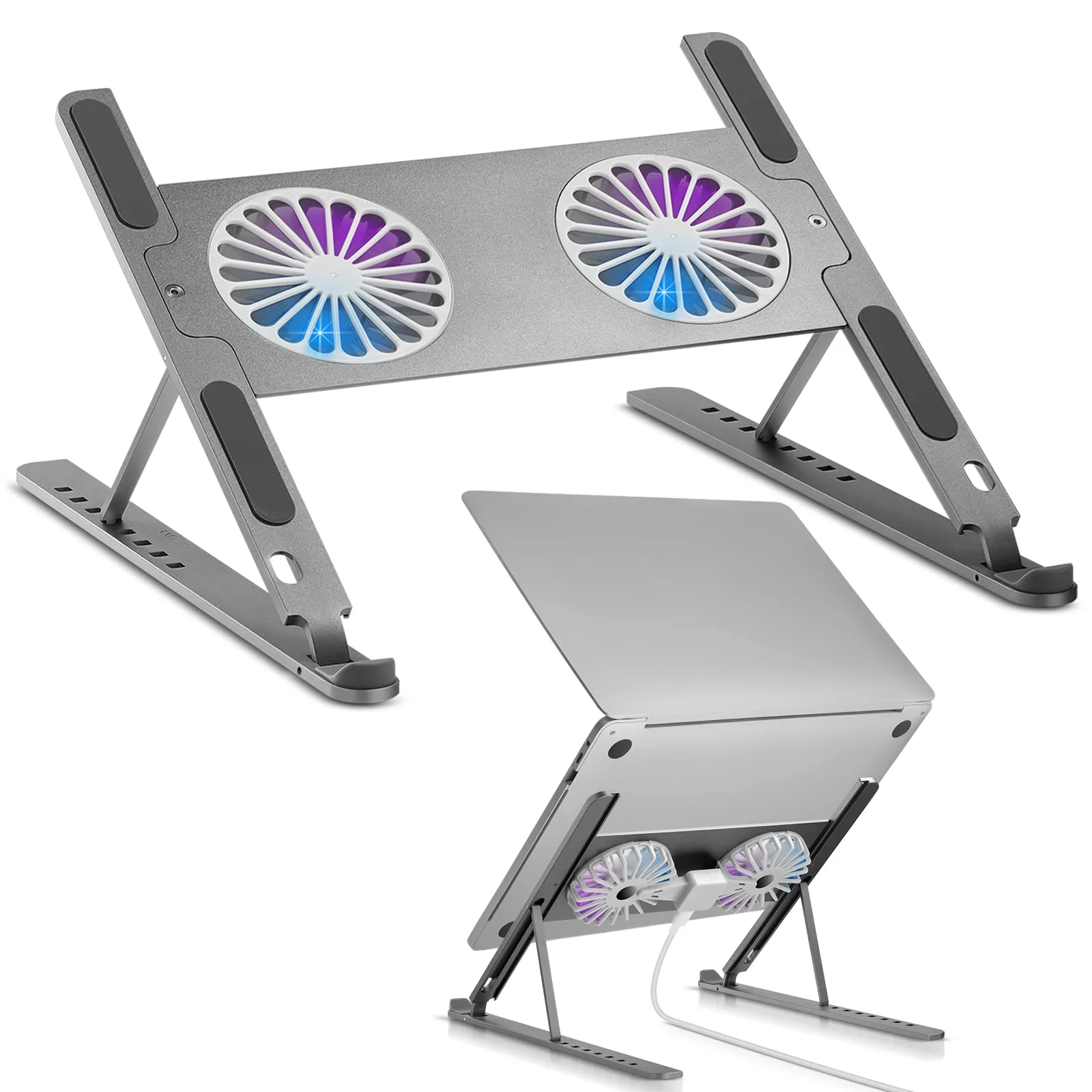2023 Newest Foldable Tablet Computer Riser Height Adjustable Cooling Pads Portable Ergonomic Aluminium Laptop Stand With Fan