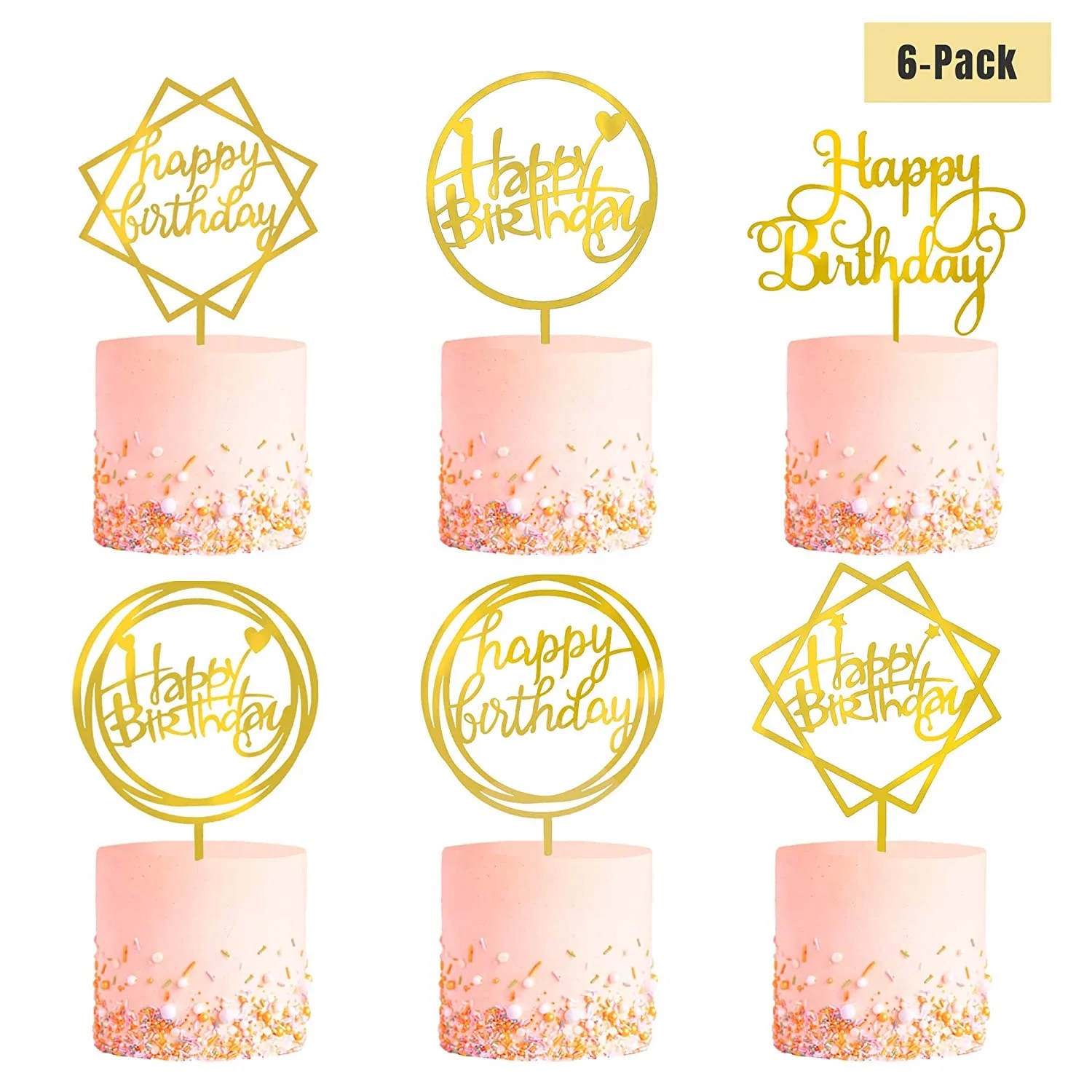Beautiful Many Gold Style Acrylic Cake Topper Geometry Round Letter Cake Toppers Happy Birthday Wedding Party Cupcake Toppers