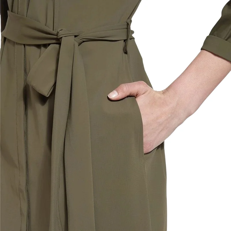 High Quality Fabric Woven Button Up Green Womens Shirt Dress With A Belt Wholesale