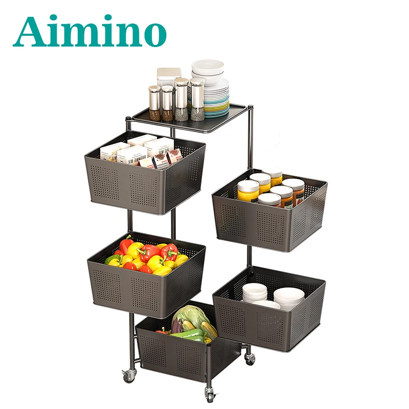 AIMINO RTS Square Foldable 3/4 /5 tier movable 360 degree rotating cylindrical storage rack narrow space storage organizer