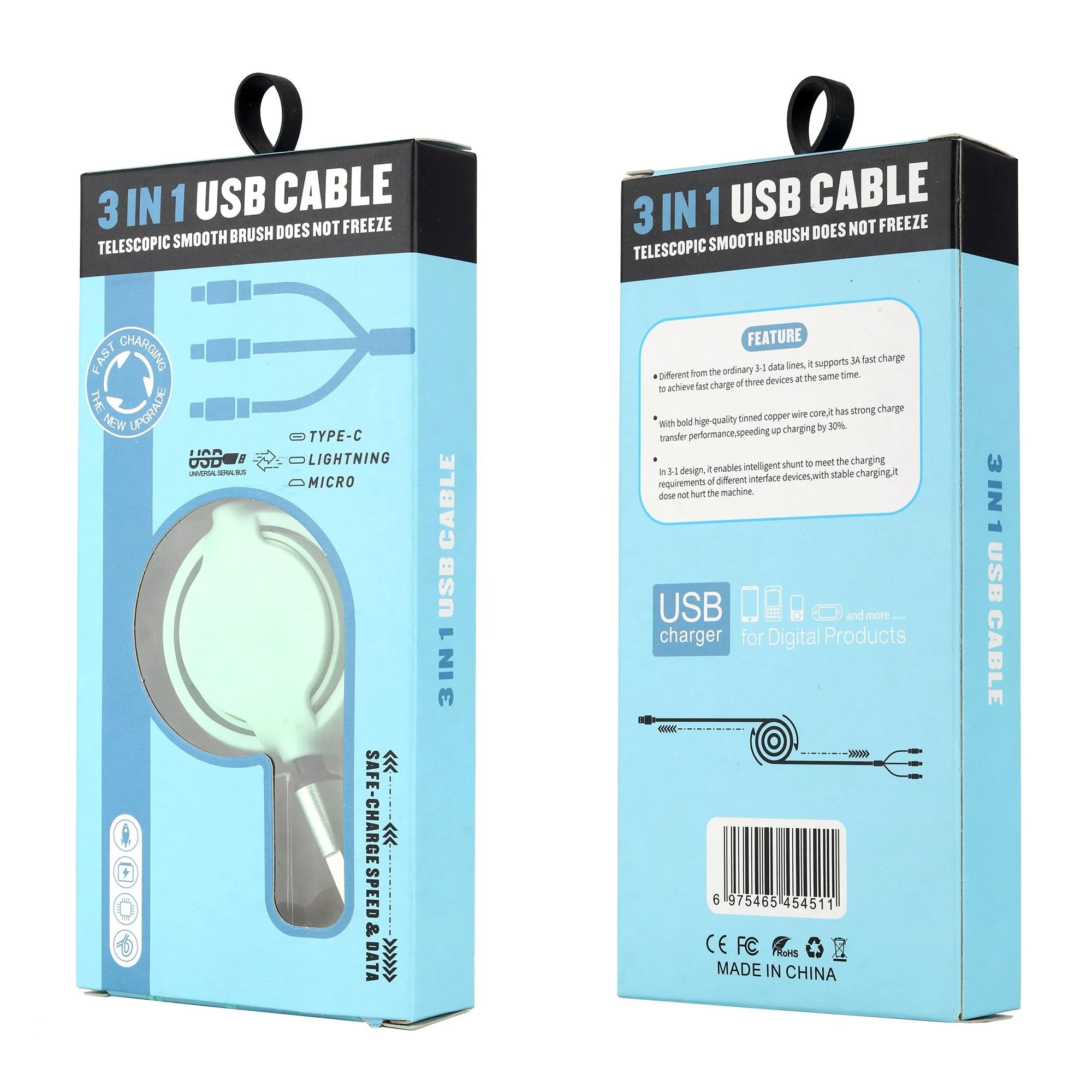 Somostel Cable de Datos Plano Tres en Uno Cable de Carga Retractil 20.5-110CM Cable Usb de Carga Rapida