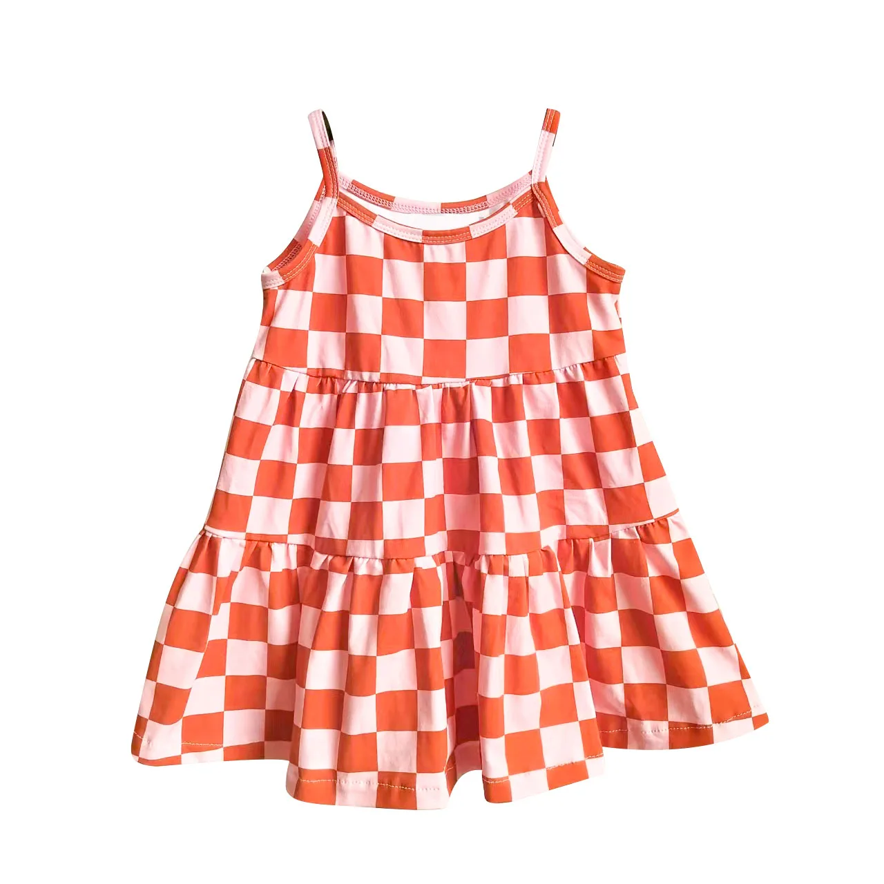 Checkered Print Cotton Linen Girls Sleeveless Dress Shoulder Tie V Shape Girls Dress