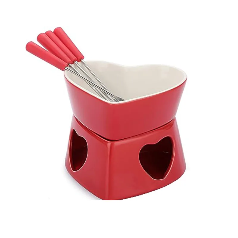 Butter Warmer Fondue Set Custom Ceramic Chocolate Warmer Cup Cheese Fondue Red Heart Shaped Fondue Pot with 4 Forks