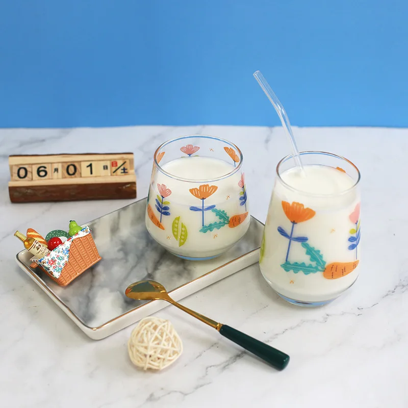 
Korea ins girl heart hand-painted tulip coffee glass water cup milk juice glass water cups 