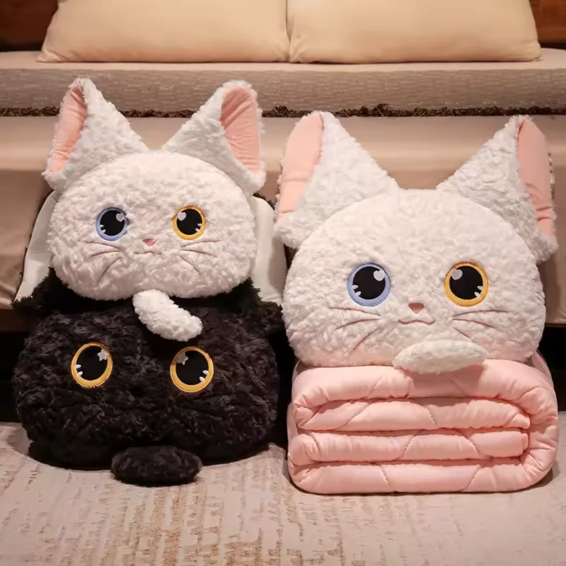 40CM Devon Rex Black white cat cushion pillow 2-in-1 blanket Car Summer thin warm quilt Stuffed & Plush Toys