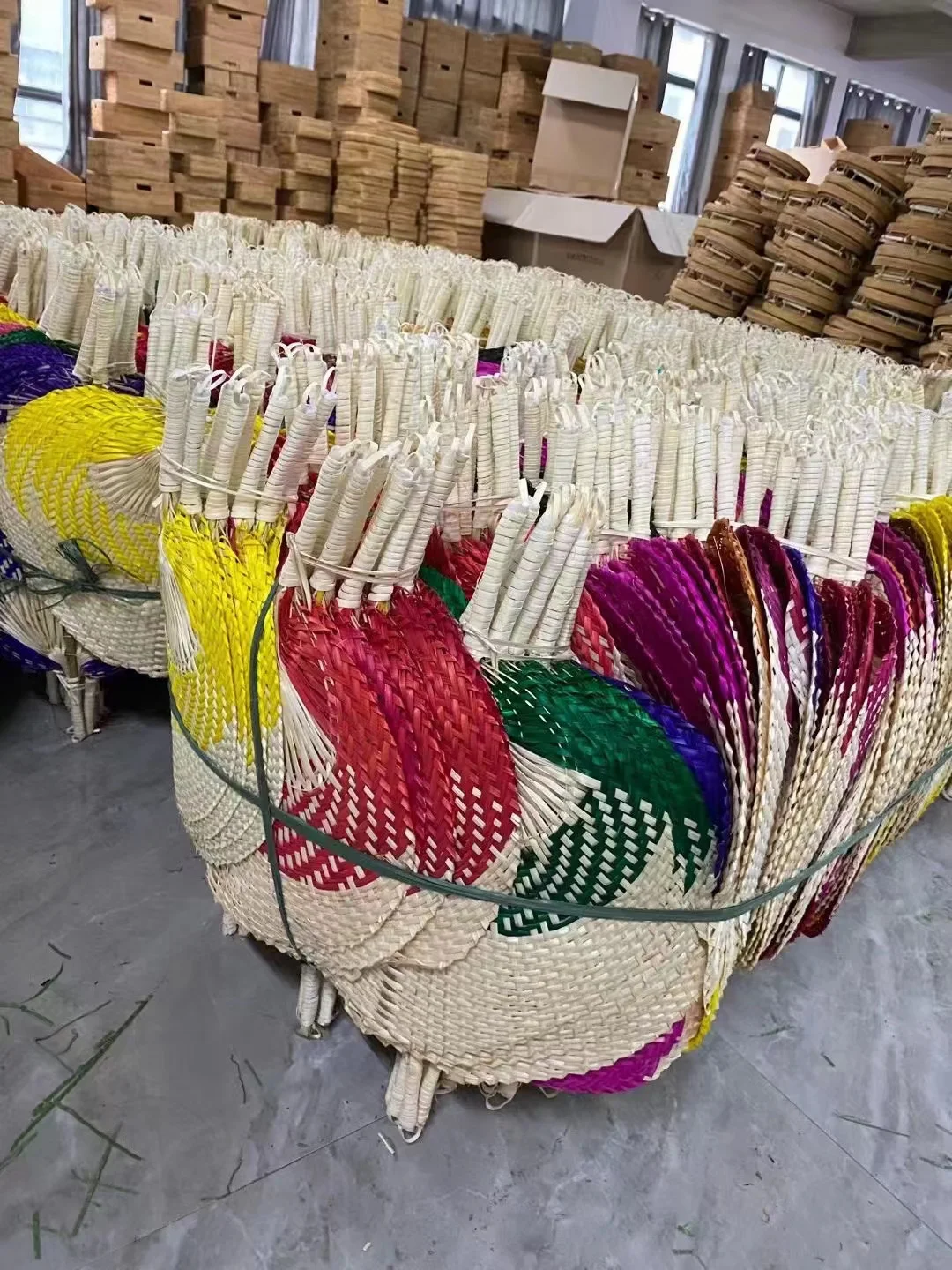 Handcrafted hand fan with natural bamboo material colorful heart shaped plam leaf hand fan for summer