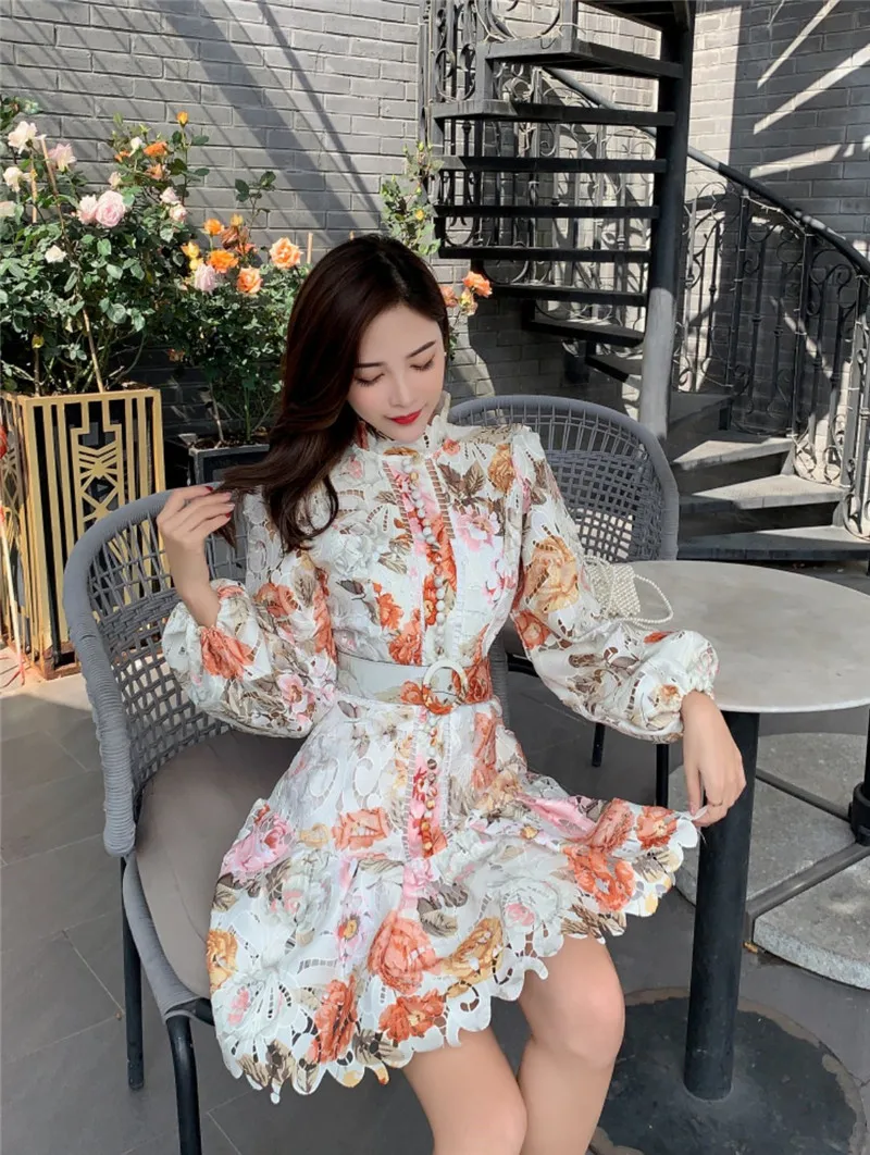 New Colorful Floral Hollow Stand Collar Long Sleeve High Waist Buttoned Short Dress