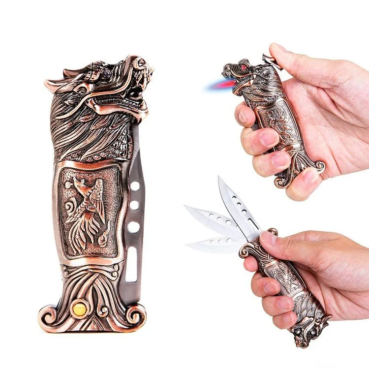 DEBANG multifunctional 2 in 1 Windproof Cool Metal Tiger & Dragon Lighters Refillable Butane Cigar Lighters with knife