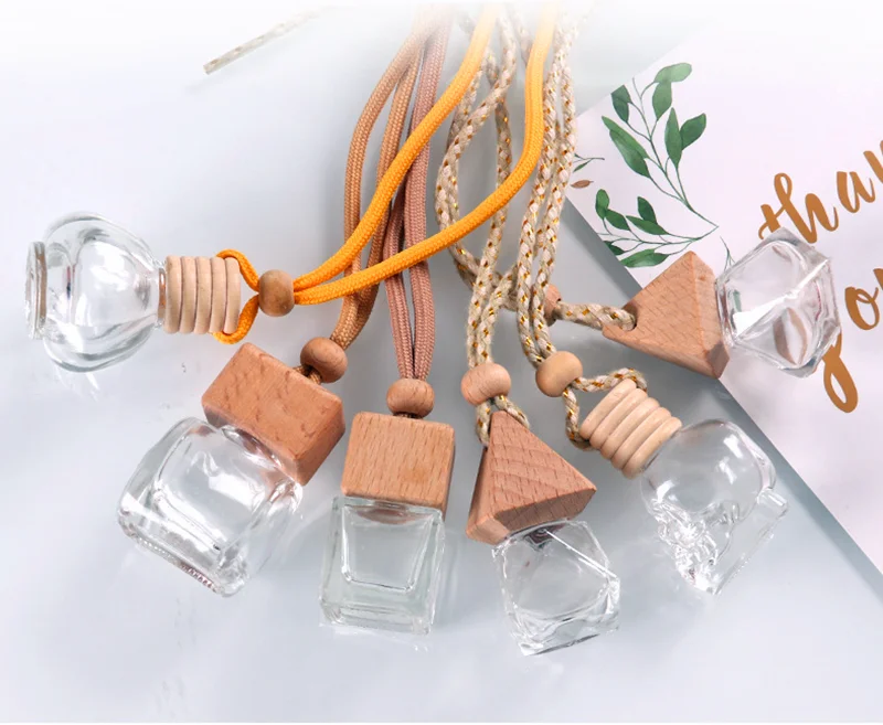 empty hanging freshener pendant car logo vent air round ball square wooden cap glass car perfume diffuser bottle