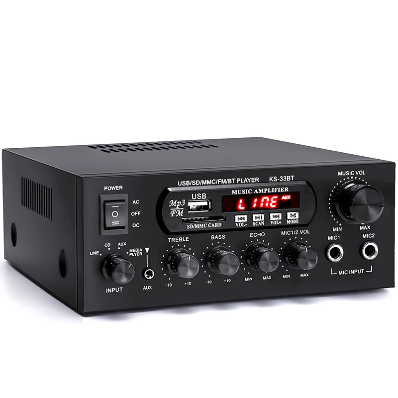  KS-33BT 1000 Вт синий зуб мощность sterio сабвуфер усилитель 2xmic домашней стереосистеме Hi-Fi FM 2 канальный цифровой Караоке-усилитель