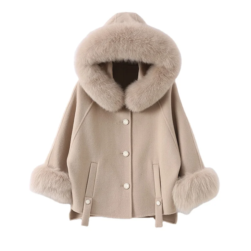 PUDI Women Real Fox Fur Coat Trench 2021 Winter New Female Wool Blendds Coats Jackets Shawl Poncho Z21160