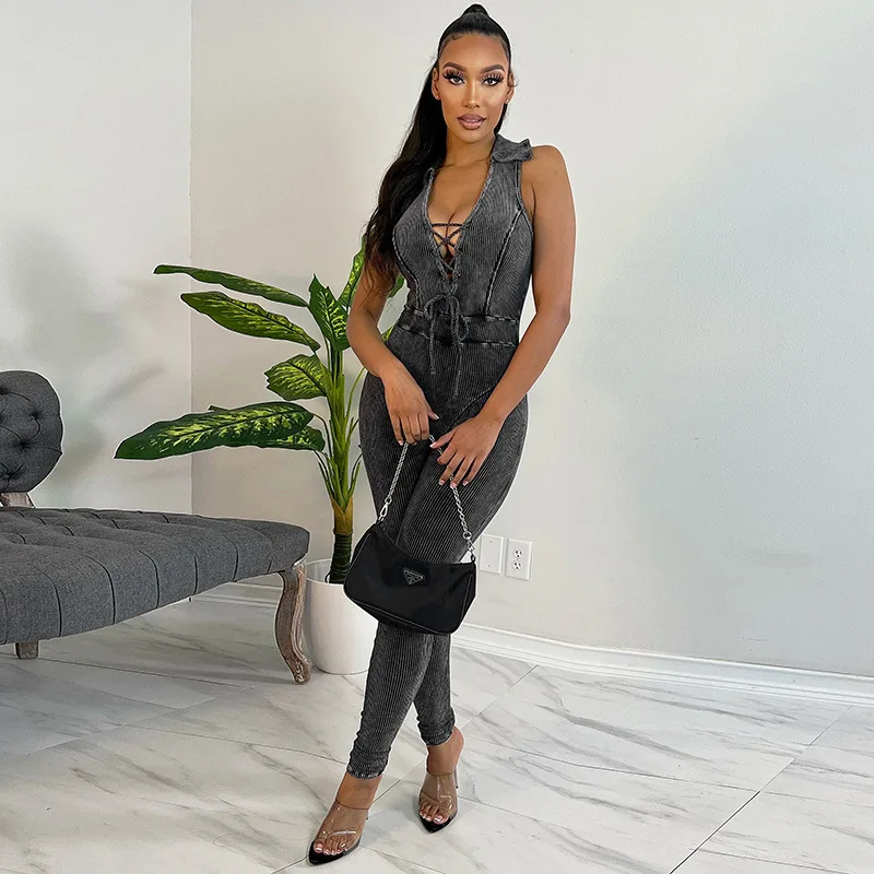 Boutique Clothing Pure Color Ribbed Simulation Denim Sleeveless Lapel Rompers V Neck Fit Jumpsuits For Women