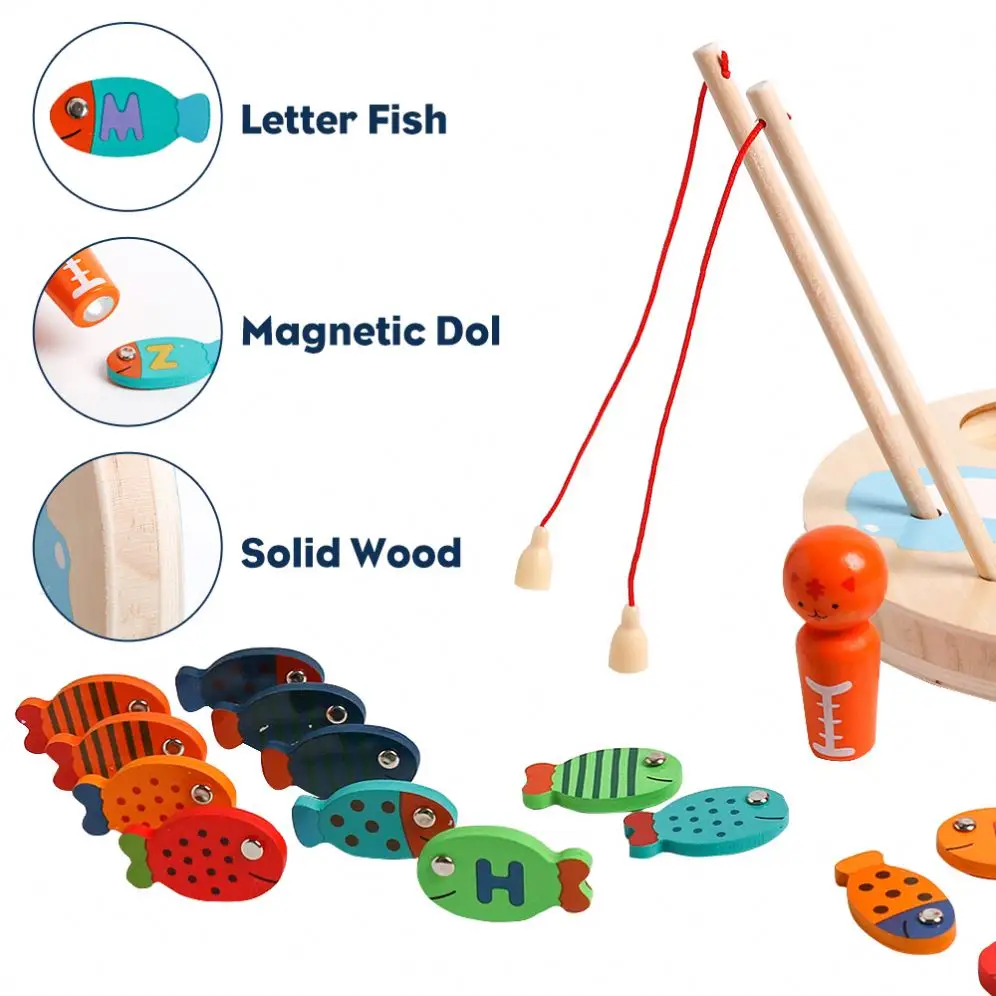 New trending Wooden Alphabet Magnetic Fishing Toy for kids Wholesale Children magnetic toy pretend play toys wooden fishing game