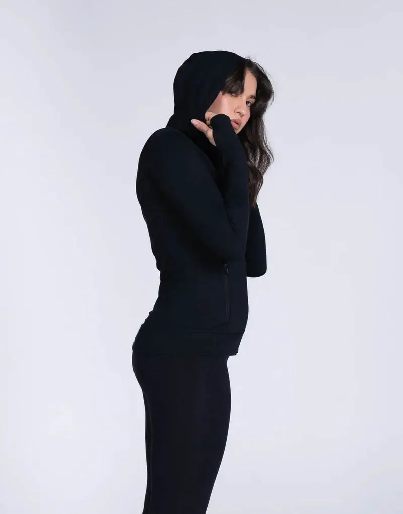 Athletic women long tight jacket outside pockets anti odor front zip up  lightweight fitness jacket for women