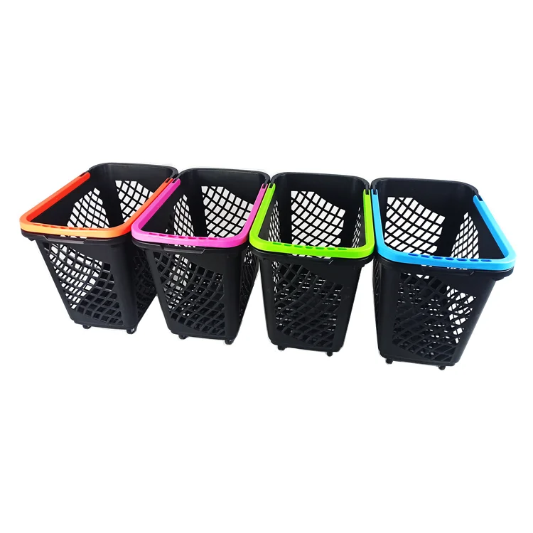 Manufacturer Eco-friendly 65L supermarket plastic folding shopping basket with 4 wheels