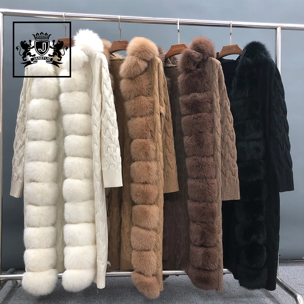 Long Ankle Length Women Knitted Cashmere Cardigan With Real Fox Fur Collar