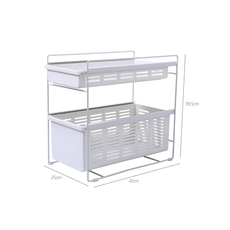 Ins Hot Stainless Steel PP Kitchen Bathroom Double-layer Vegetables Fruits Condiments Spice Pull-out Storage Rack with Drawer