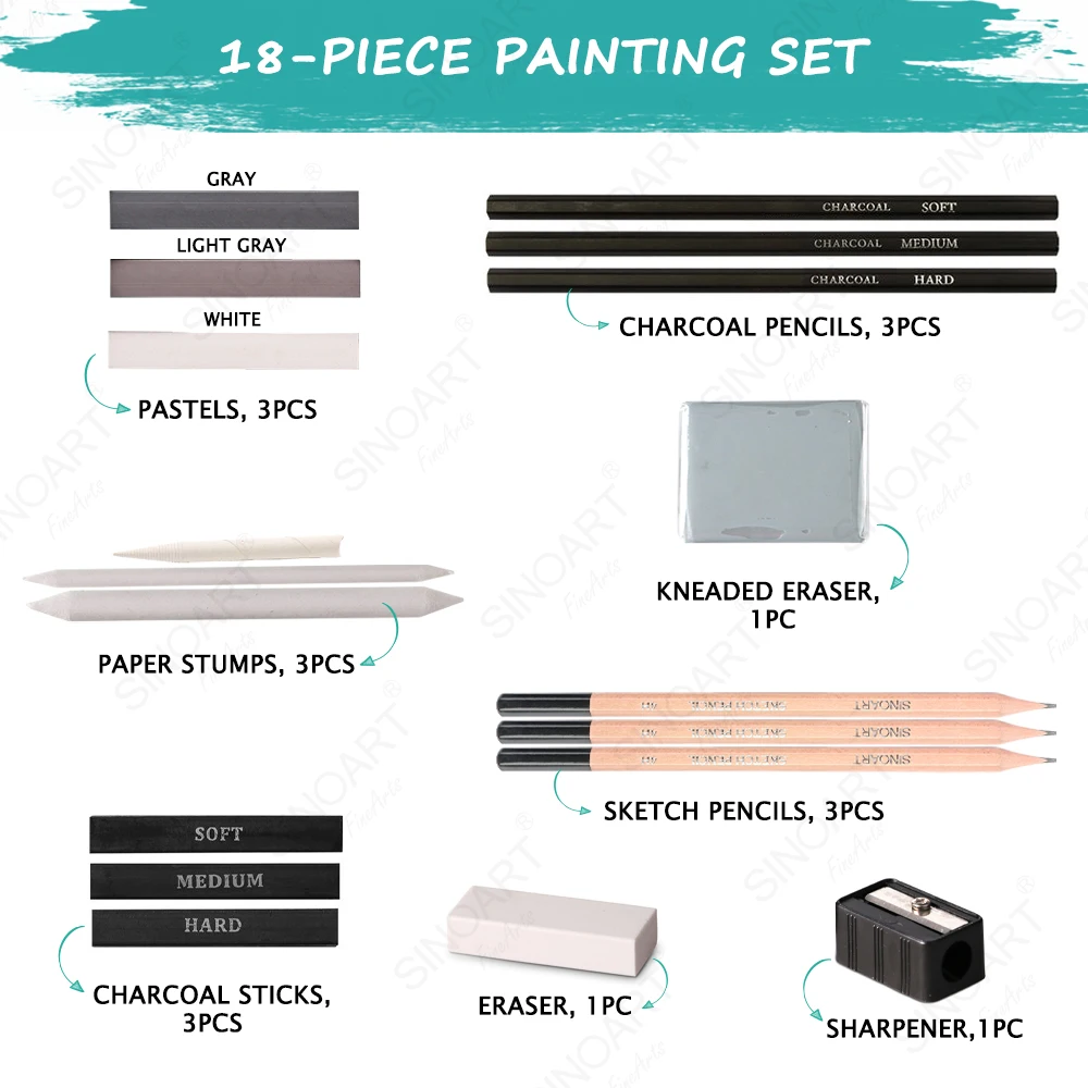 SINOART in Stock Sketch Pencil Set 18pcs Drawing Including 3 Charcoal Pencils