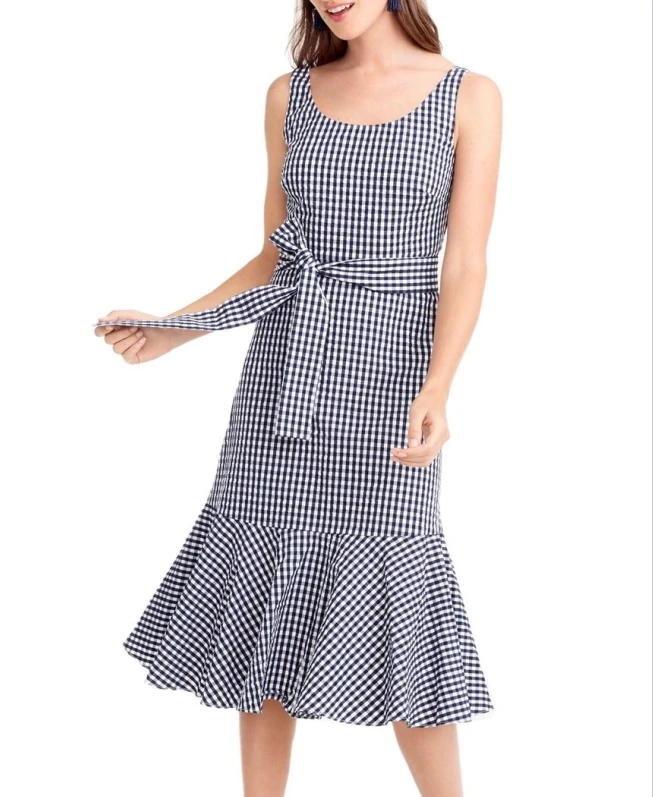 Custom High Quality Small MOQ Brand Collection Ruffle Hem Midi Plaid Dresses Vintage Midi Dress Latest Dress Designs For Ladies