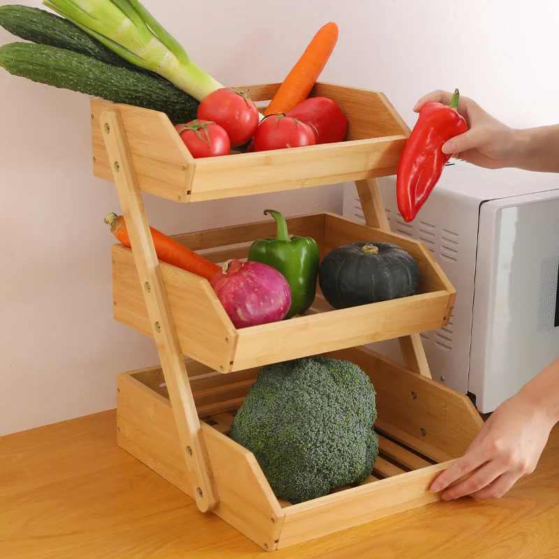 Bamboo 2 Tier Fruit Vegetable Basket Double Layer Desktop Snacks Sundry Storage Rack Storage Basket Shelf