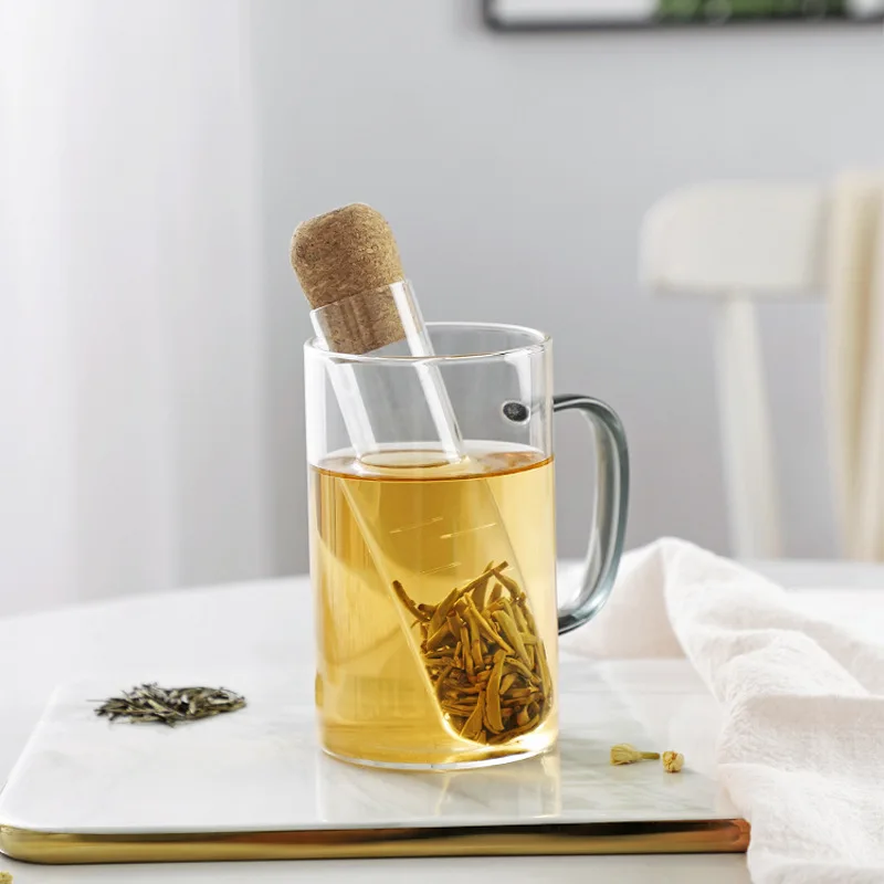 Handmade Small Glass Filter Tea Infuser Borosilicate Tube with Cork Lid Metal Utensils Strainer Set
