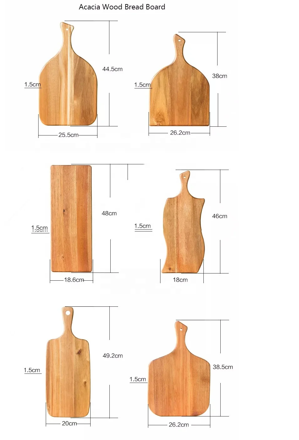 Manufacture creative design acacia wood chopping board bread cutting board with handle from Fujian factory