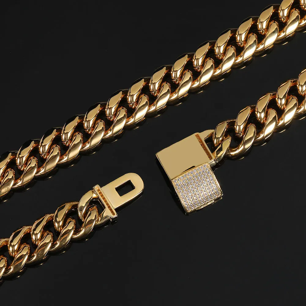 Hip Hop Mens 18k Gold Plated 316L Stainless Steel 12mm Box Clasp Miami Cuban Link Bracelet