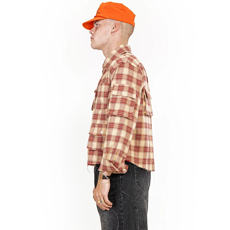 OEM custom slightly cropped multi cargo pockets plaid soft cotton flannel fashion shirts men