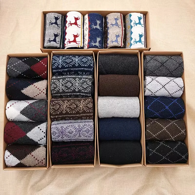 Wholesale 5 pairs box packing wool socks men winter thick warm business crew socks