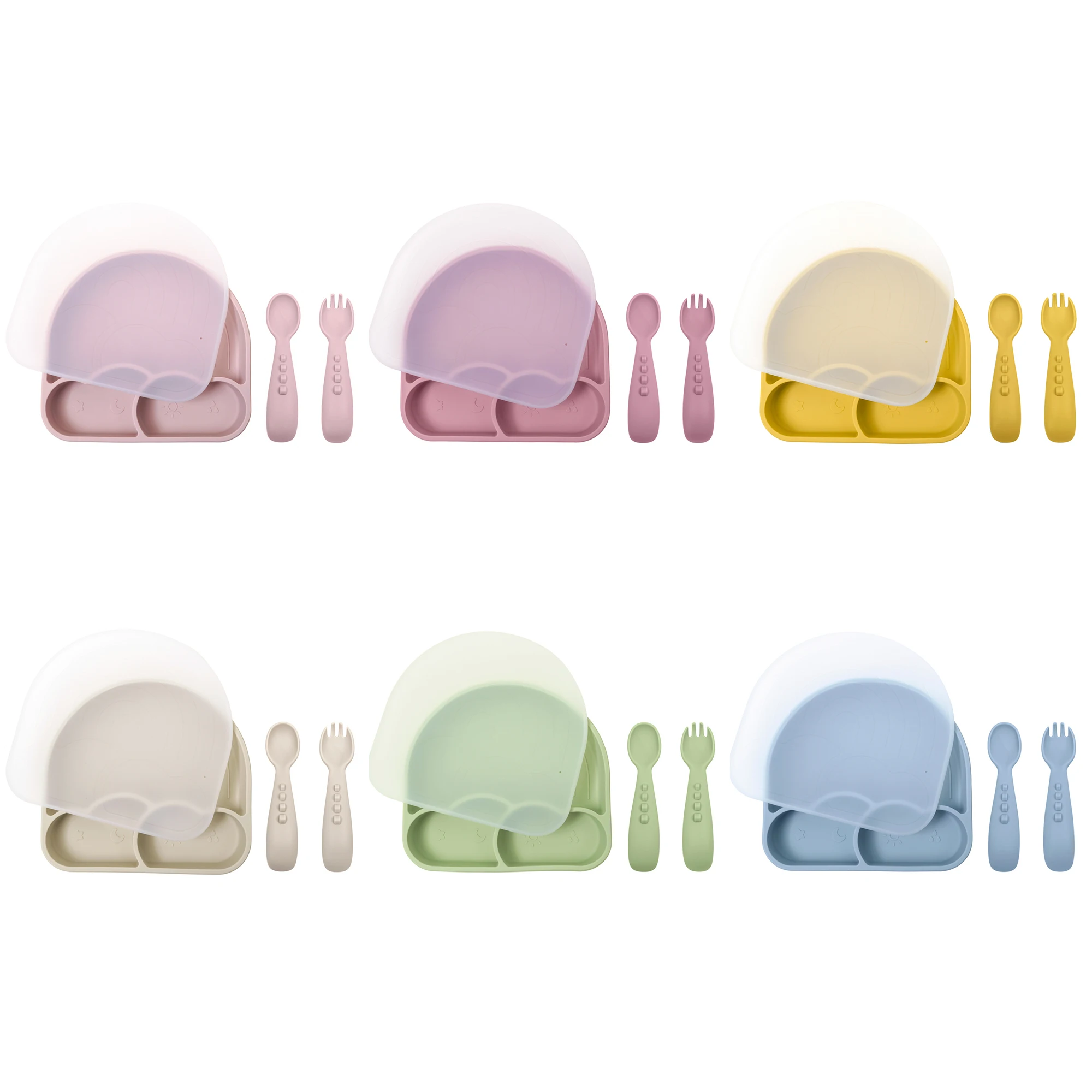 Food Safety Grade Rainbow Soft Silicone Baby Dinner Plate With Silicone Spoon Fork 3 Piece Tableware Set For Kids Toddlers