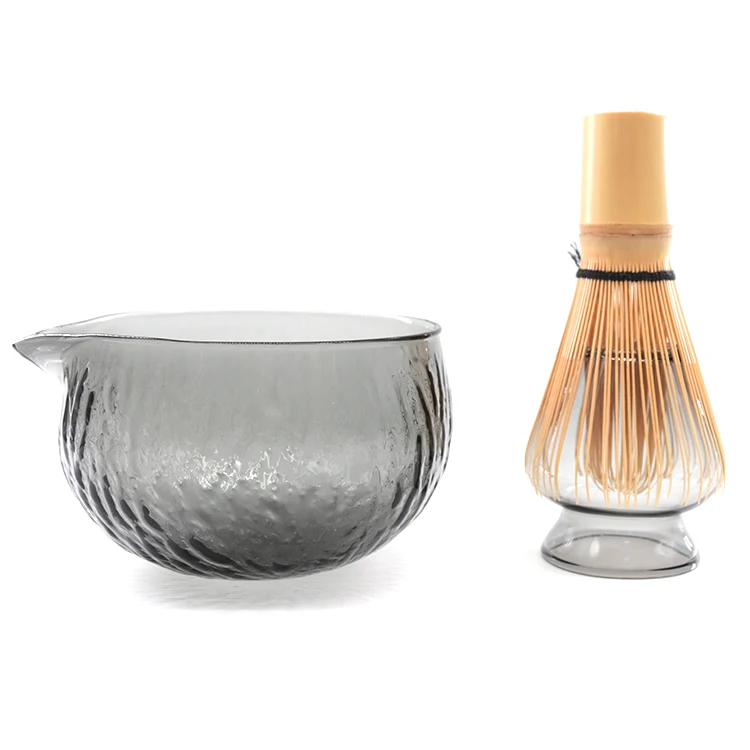 Newell Ceremonial Tea Tool Whisking Chawan Black Textured Glass Handmade Pouring Spout Bamboo Whisk Matcha Bowl With Stand