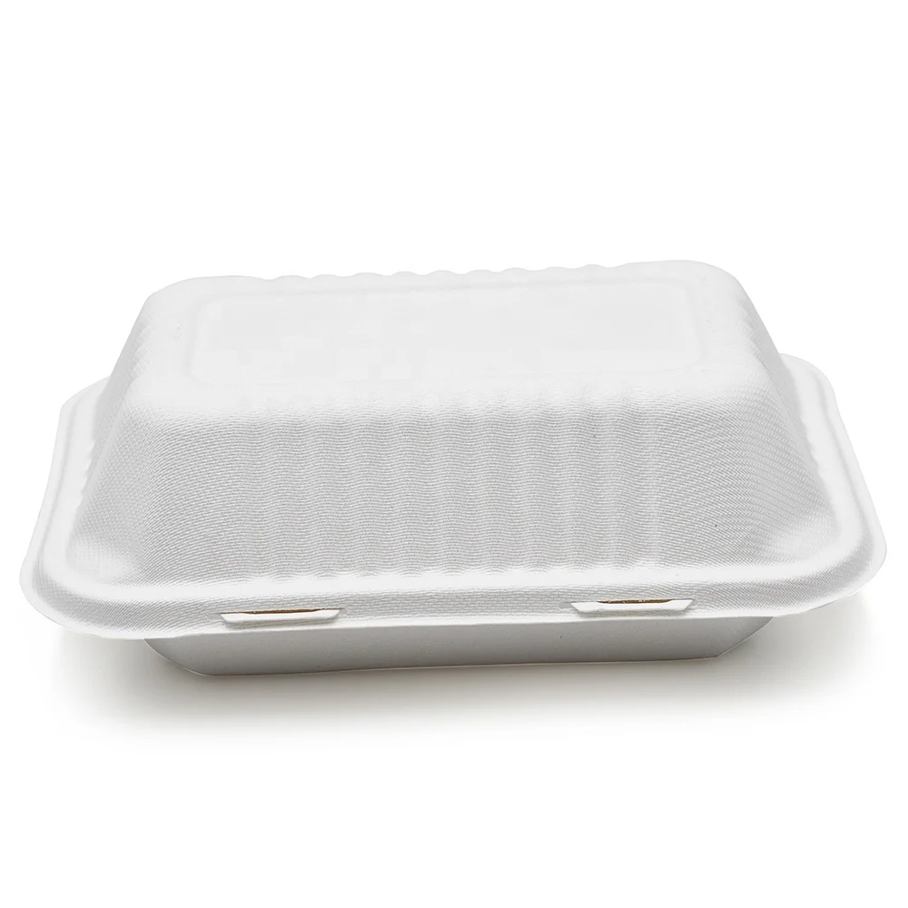 Biodegradable White Bagasse 1000ml 9x6 Inch Takeout  Food Container