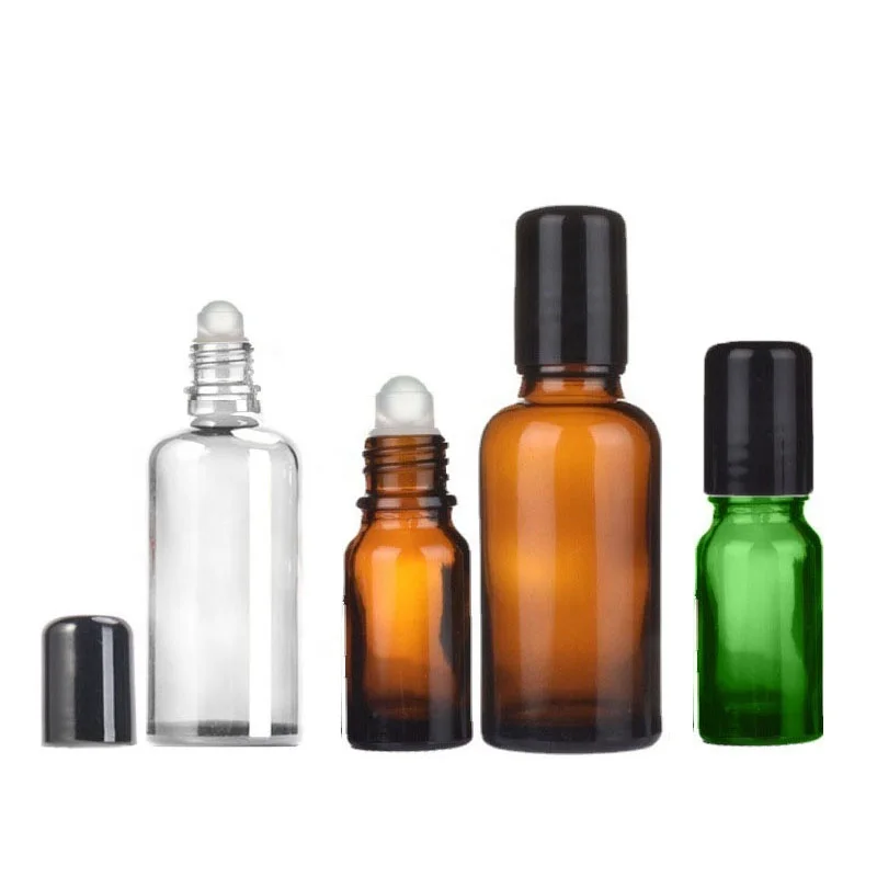 Factory Price 15ml 30ml 50ml Amber Glass Essential Oil Bottles Empty Perfume Serum Roll On Bottle Black Cap (NRB06)