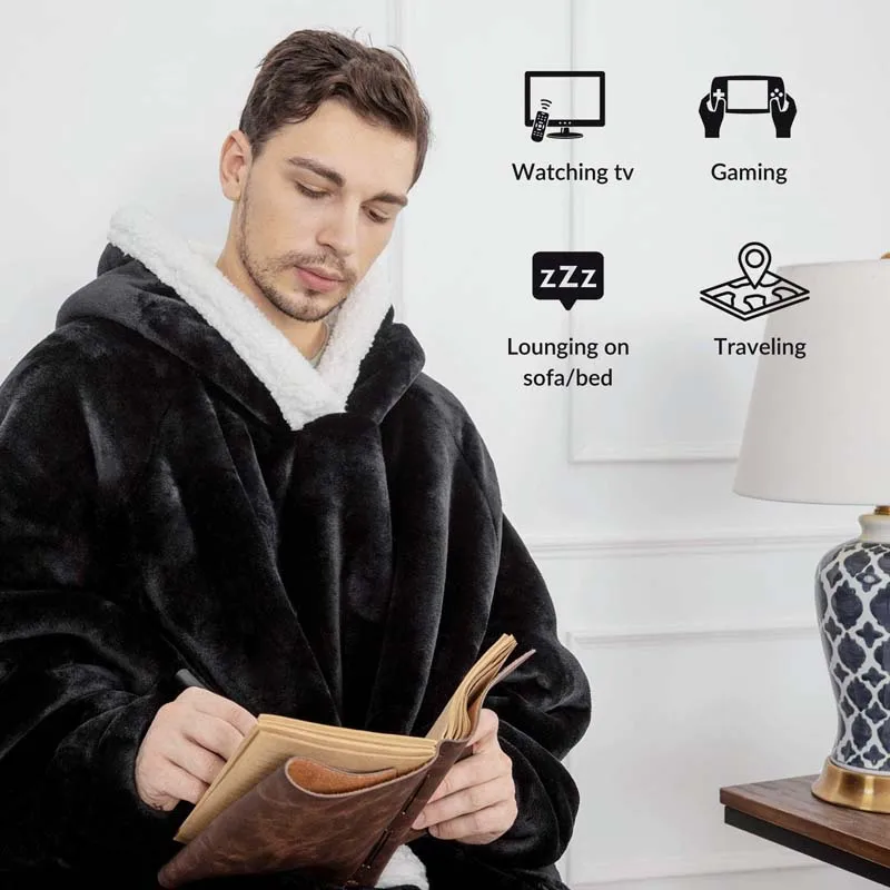 Wholesale Nature 100% Polyester Soft Plaid Adult Wearable Sherpa Fleece Oversized Hoodie Sweatshirt Hooded Blanket