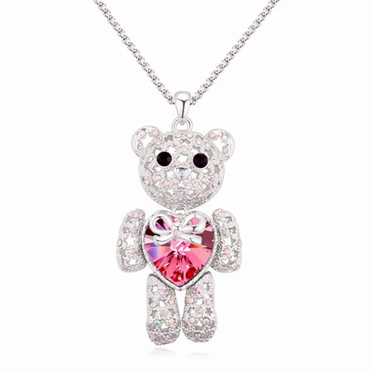 Cute animal Gold Plated jewelry wholesale Crystal Love Heart Big Bling Teddy Bear Pendant Long Chain Necklace For Women