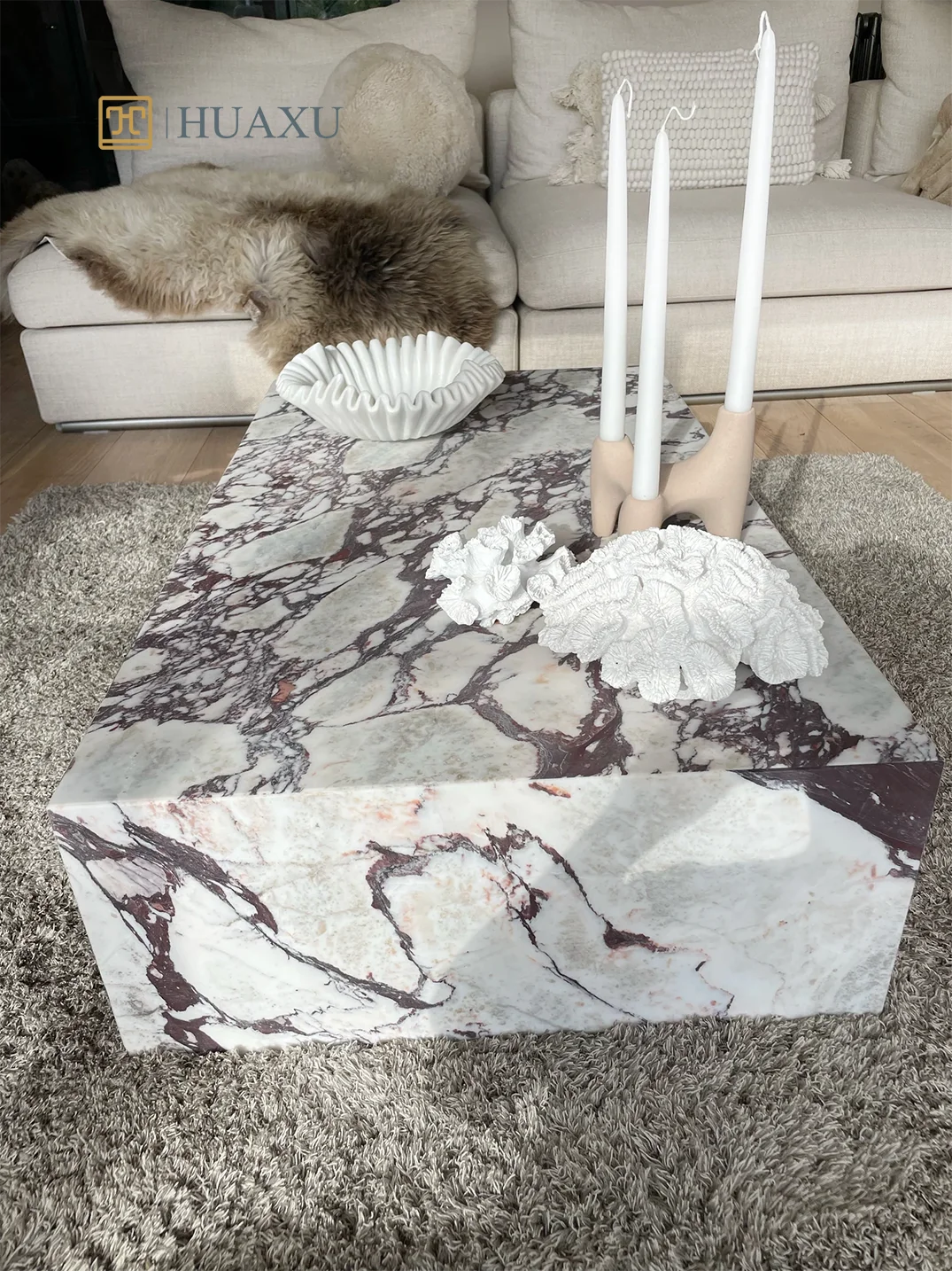 Huaxu Luxury Carrara Marble Italy Natural Calacatta Viola Marble Plinth Block Center Coffee Table