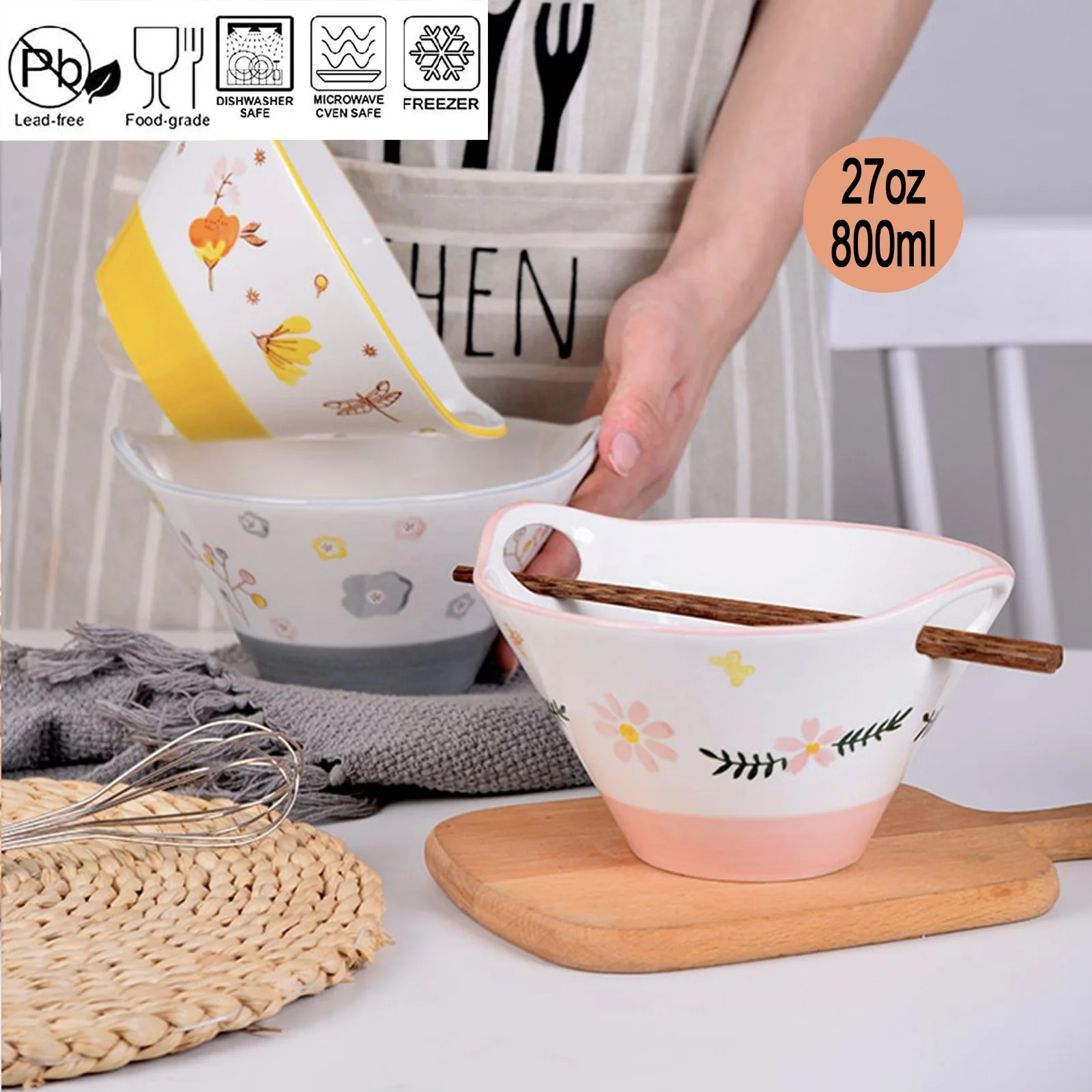 Hot Sale Japanese Udon Soba Pho Asian Noodles Ceramic Ramen Noodle Bowls with Chopsticks