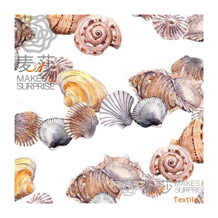 Custom Print Cotton Fabric Wholesale Floral Cotton Fabric Soft Ocean Style Fabric With Shell Starfish Jellyfish Seagrass Scallop