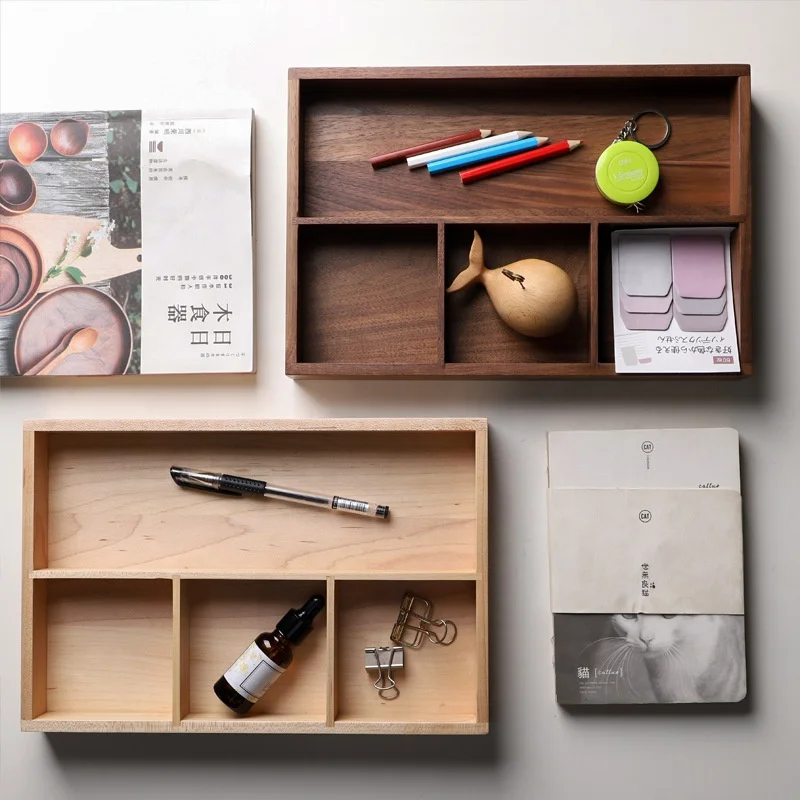 Desktop Storage Box Walnut Solid Wood Office Wood Partition Storage Sundry Key Tray Eco-friendly Box & Case Porch Storage Black