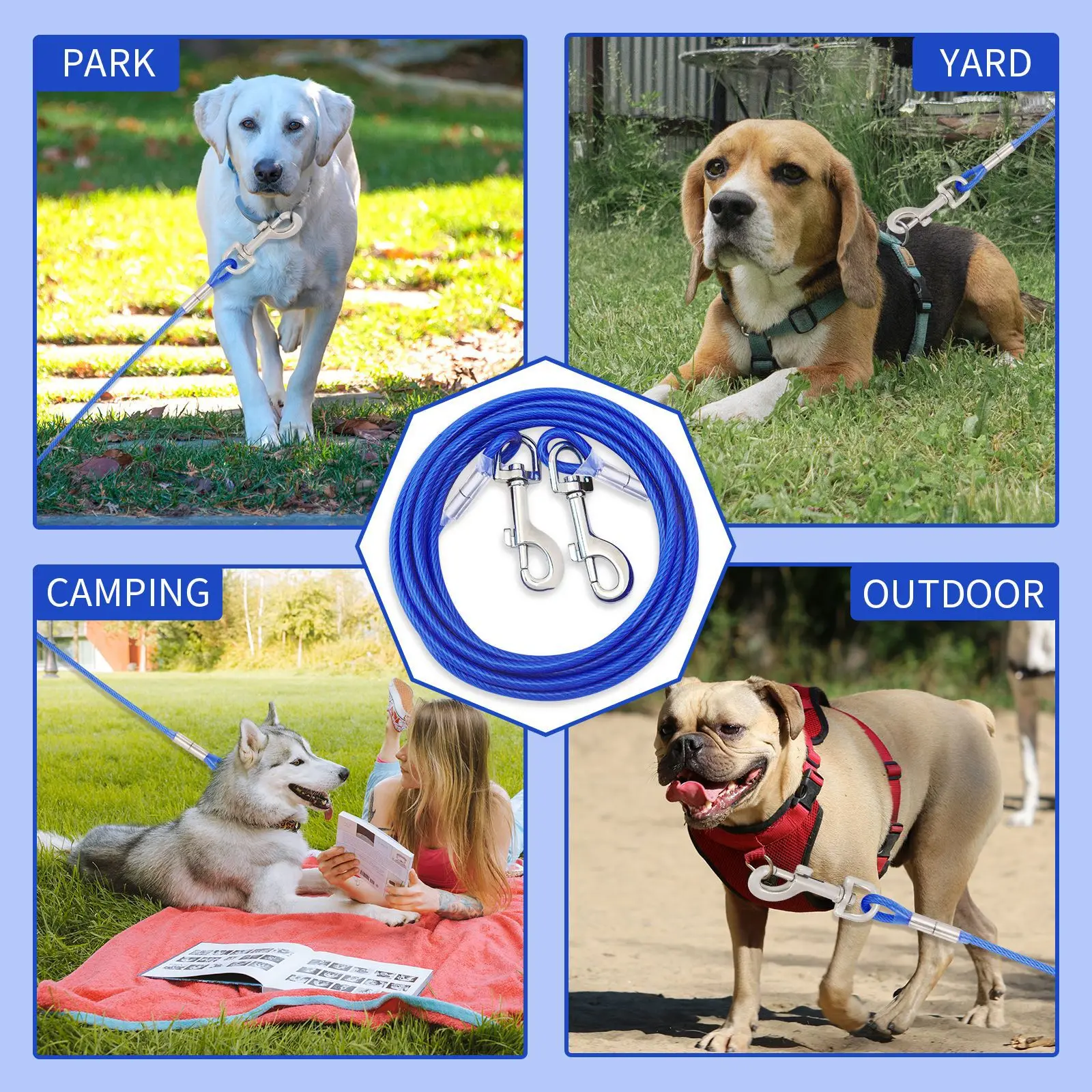 Customized size 10/20/30/50/100ft Heavy Duty Durable Tie Out Chew Proof Cable Dog Leash Lead Great for Outdoor Yard and Camping