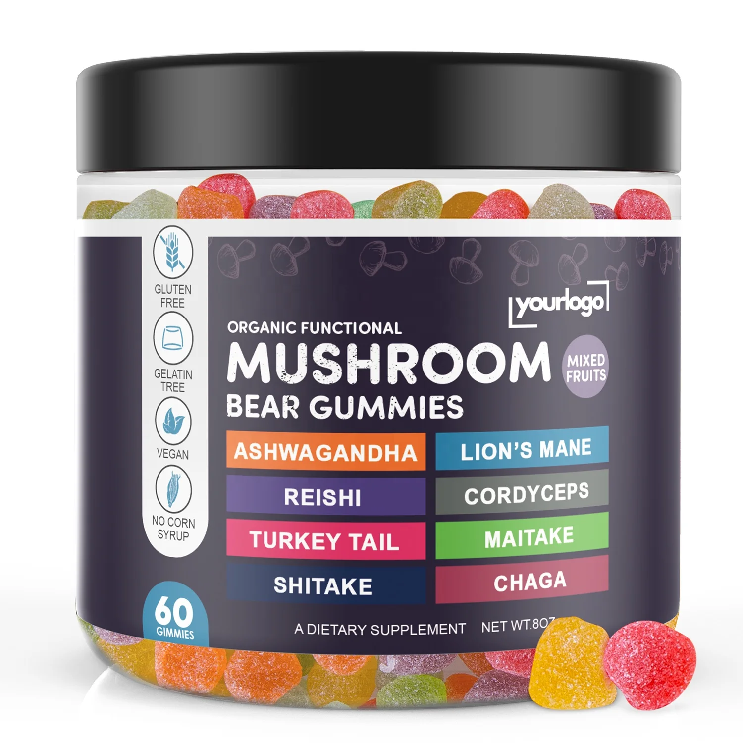 Customized Logo Label Mushroom Gummies Supplement Attention Brain Complex Organic Mushroom Ashwagandha for Daily Supplement
