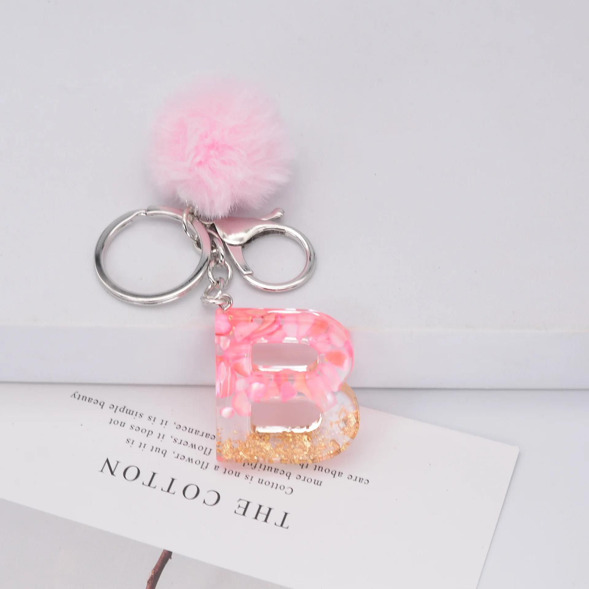 Acrylic Keyring Pink Pompom Plush Keyring English Letter Sequins Keychain 26 English word A TO Z Handbag Woman Bag Pendant