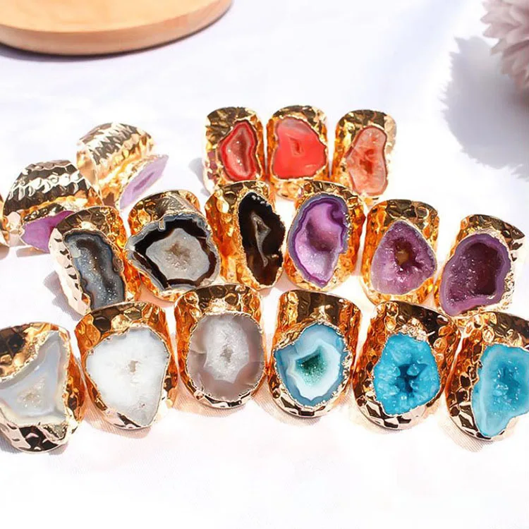 G1784 Natural Raw Stone Druzy Ring Crystal Geode Jewelry Brass Vintage Agate Adjustable Gold-Plated Ring