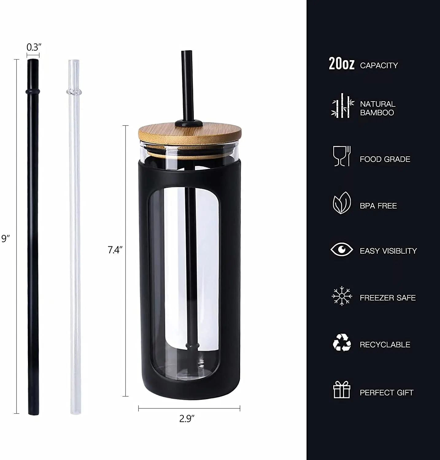 With Bamboo Lid Reusable Wide Mouth Smoothie Cup Straw Silicone Protective Sleeve Iced Coffee Cup Glass