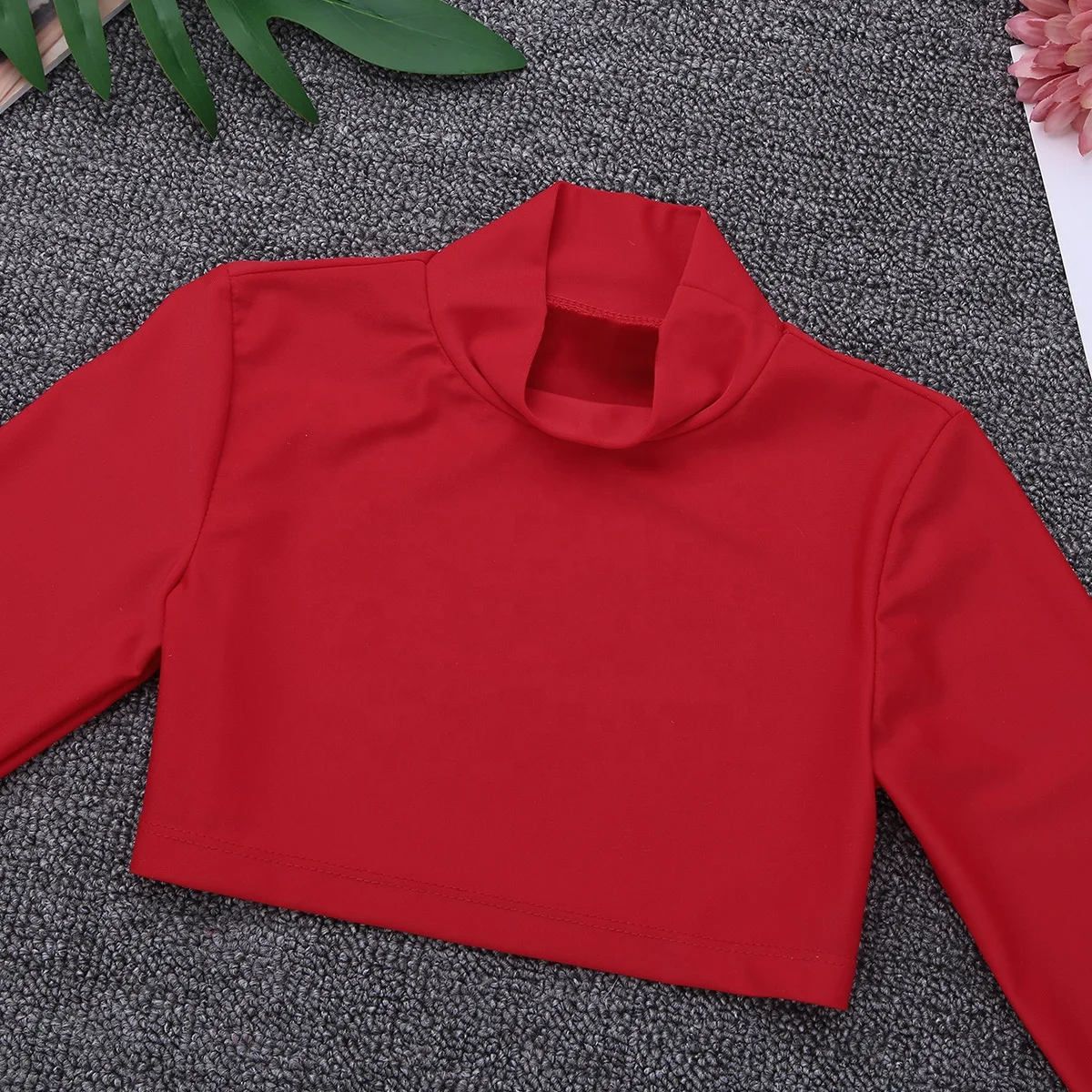 Children Kid Girls Crop Top Solid Color Long Sleeves O-Neck Crop Top for Dancing Stage Performance Workout Ballet Class Dance