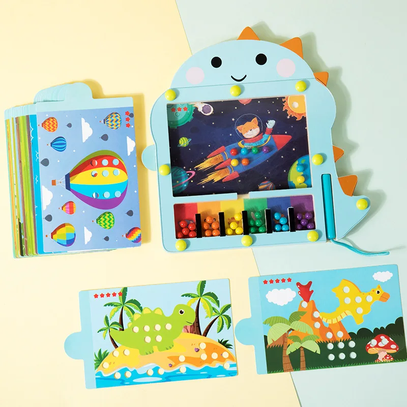 Children Early Education Dinosaur Magnetic Bead Maze Wooden Toy Toddler Color Classification Game Kids Educational Wooden Toys